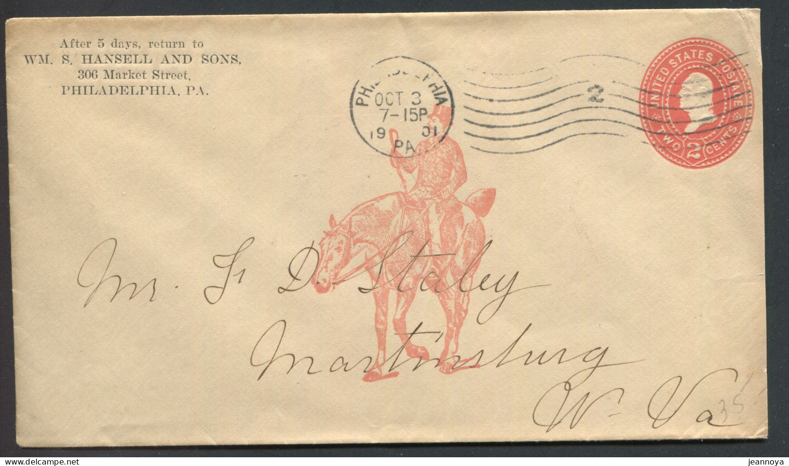 ETATS UNIS - EP AVEC ILLUSTRATION D'UN CAVALIER A CHEVAL DE PHILADELPHIA LE 3/10/1901 POUR MARTINGBURG - SUP & RR - 1901-20