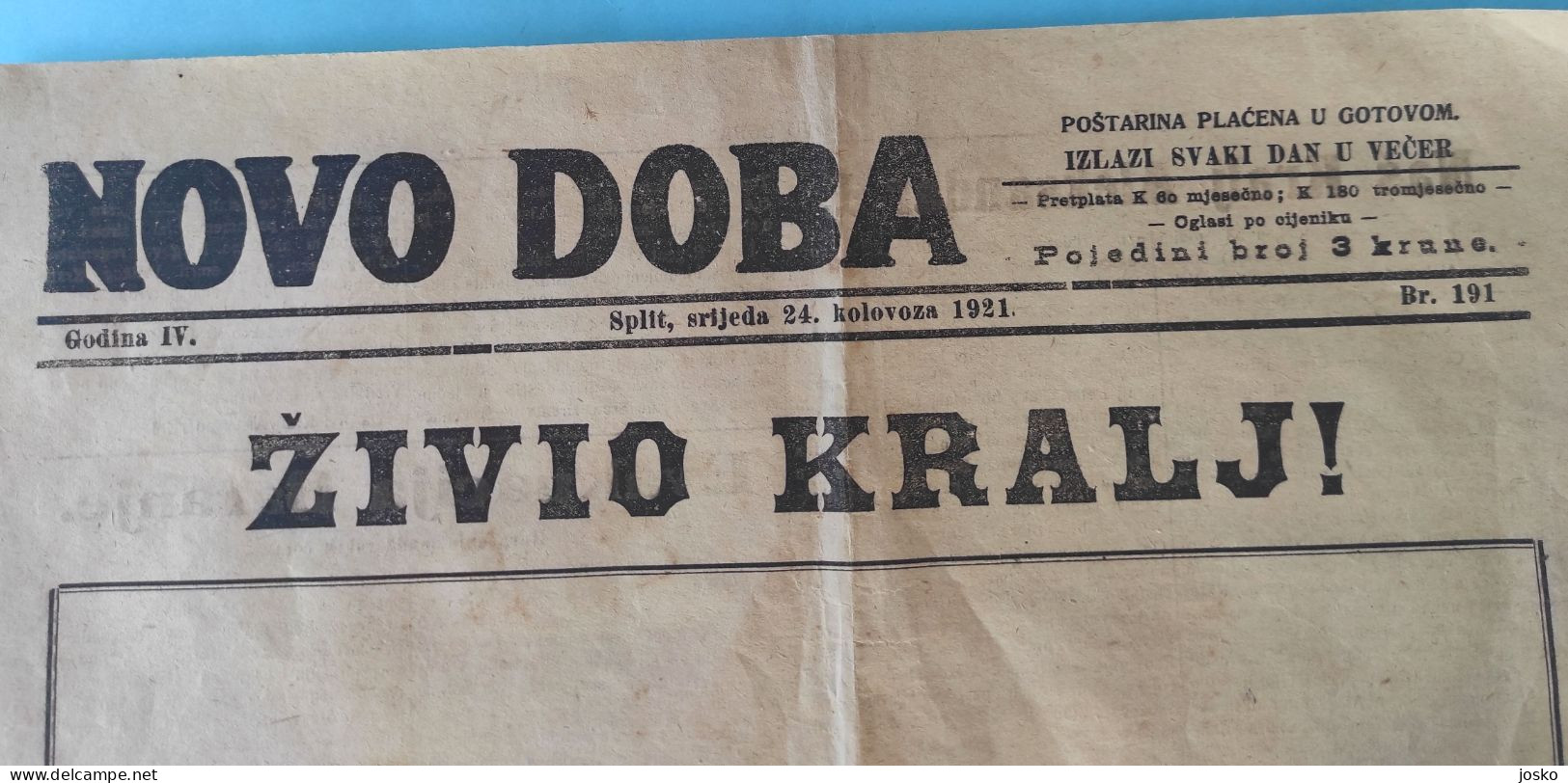 ŽIVIO KRALJ (Aleksandar I) Naslovnica Splitskih Novina Novo Doba Iz 1921.g. * Kingdom SHS Serbia Yugoslavia Croatia RRR - Otros & Sin Clasificación