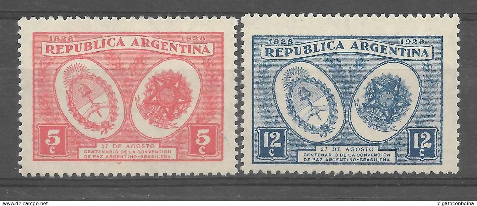 ARGENTINA 1928 CENTENARY OF PEACE TREATY WITH BRAZIL COATS NATIONAL EMBLEMS MNH - Unused Stamps