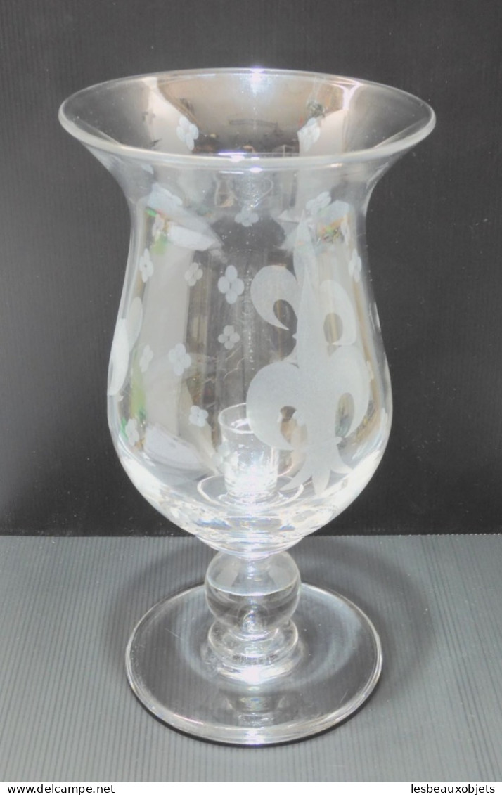 -SUPERBE GRAND PHOTOPHORE VERRE Décor FLEURS & FLEURS De LYS Meulées Bougie      E - Glass & Crystal