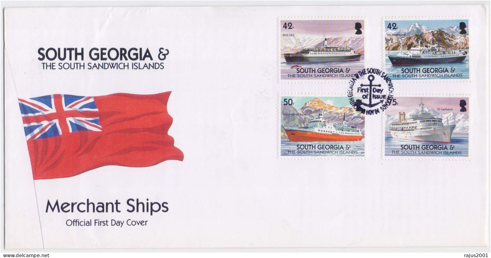 Merchant Ships, RMS QE2 Ship, Lindblad Explorer, MS Endeavour Ship, Mountain, South Georgia Official FDC 2004 - Géorgie Du Sud