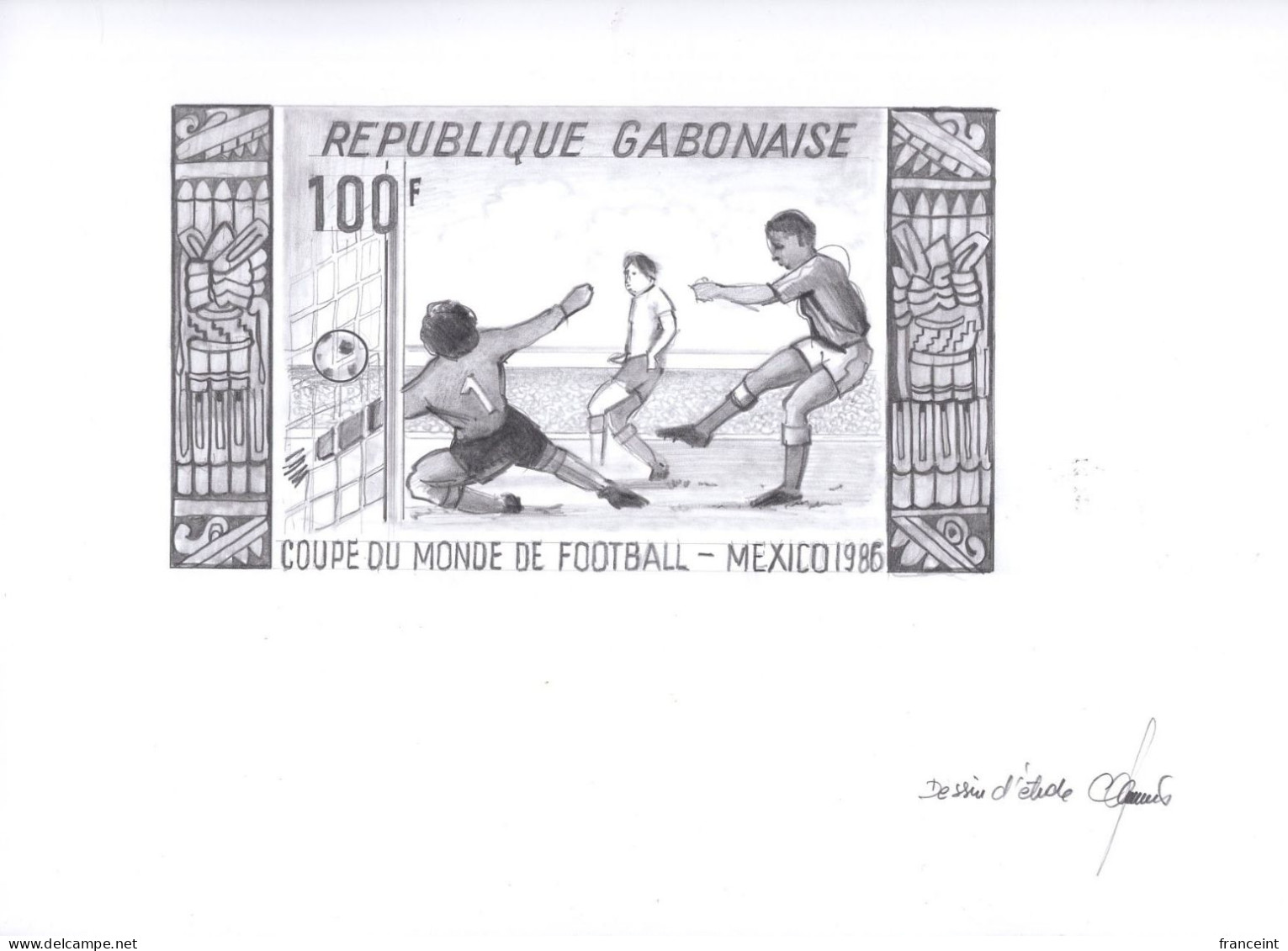 GABON(1986) Shot On Goal. Original Artwork Signed By The Engraver JUMELET. Pencil On Tracing Paper Measuring 31 X 24 Cm - 1986 – Mexico