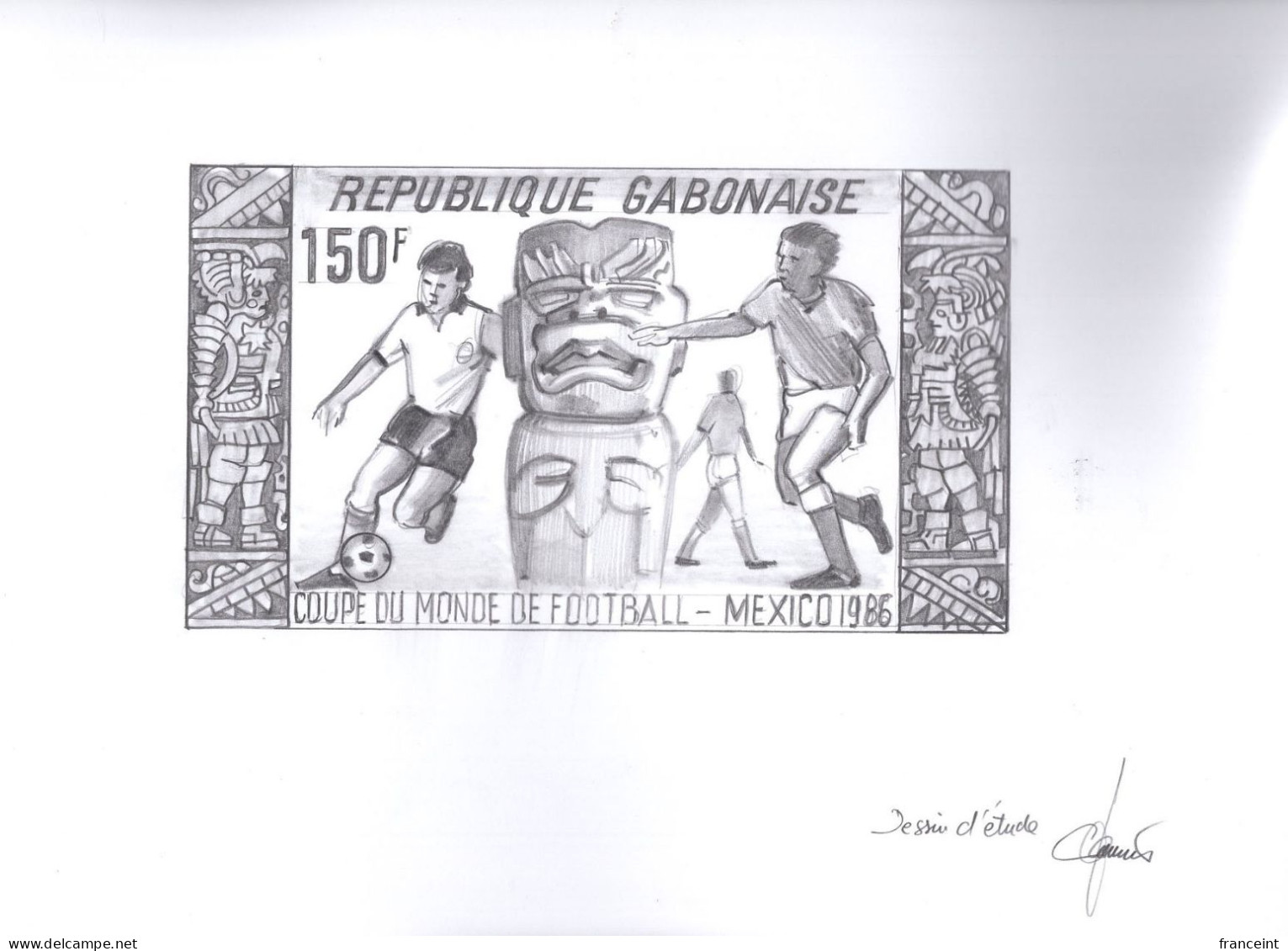 GABON(1986) Soccer Players. Tiki. Original Artwork Signed By The Engraver JUMELET. Pencil On Tracing Paper Measuring 31 - 1986 – Mexico