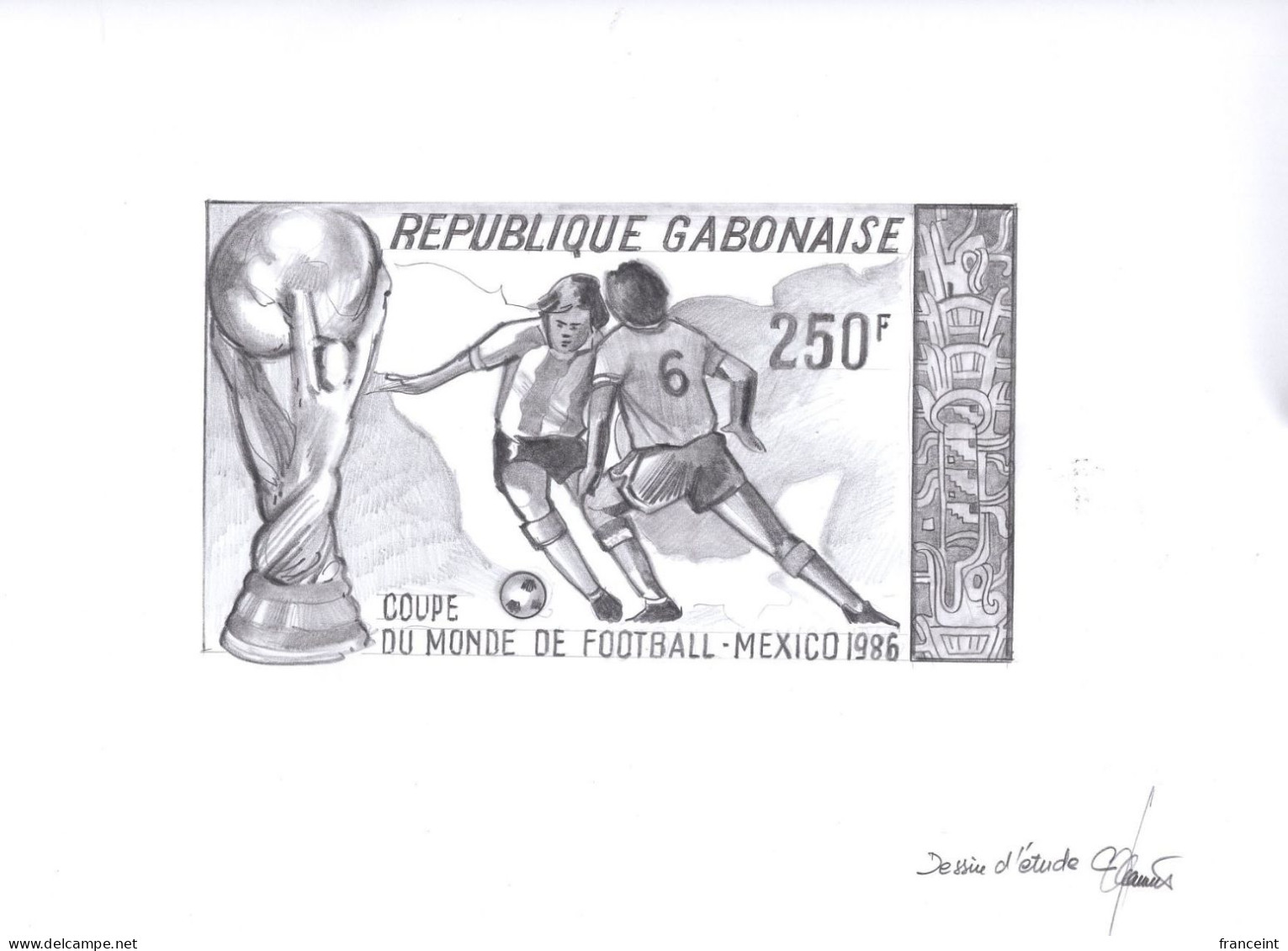 GABON(1986) Soccer Players. Trophy. Original Artwork Signed By The Engraver JUMELET. Pencil On Tracing Paper Measuring 3 - 1986 – México