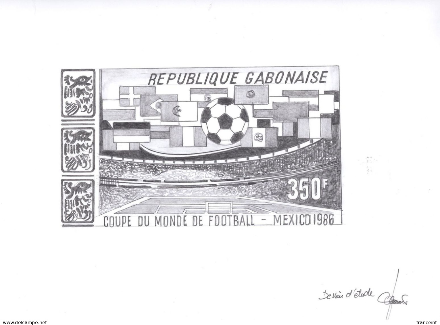 GABON(1986) Soccer Stadium. Flags. Original Artwork Signed By The Engraver JUMELET. Pencil On Tracing Paper Measuring 31 - 1986 – Mexico