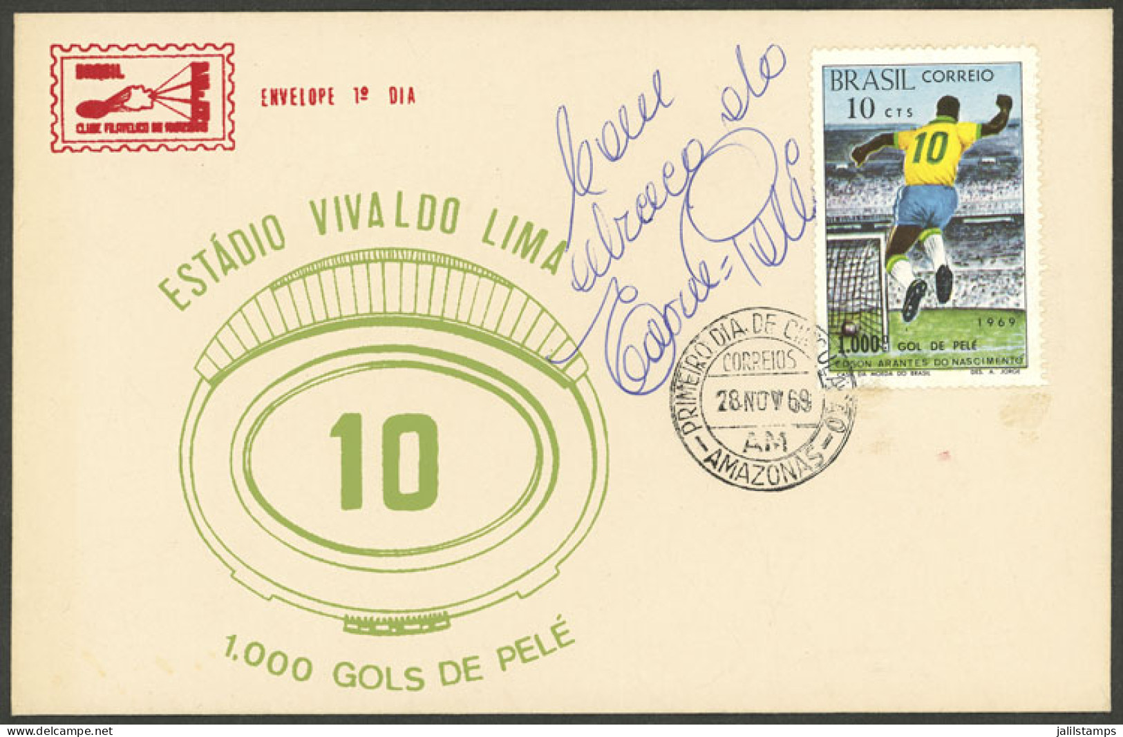 TOPIC FOOTBALL/SOCCER: BRAZIL: FDC Cover Of Year 1969 Commemorativing 1000th Goal Of Pelé, With His Hand-written Dedicat - Autres & Non Classés