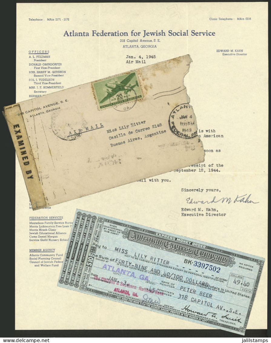 TOPIC JUDAICA: Airmail Cover Sent From USA To Argentina On 4/JA/1945, With Its Original Content: Letter Of The "Atlanta  - Unclassified