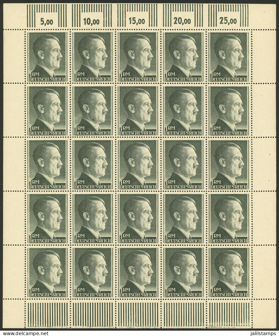 GERMANY: Yvert 723a, 1941/3 Hitler 1RM. With Perforation 14, Complete Sheet Of 25 Stamps, MNH, Excellent Quality! - Unused Stamps