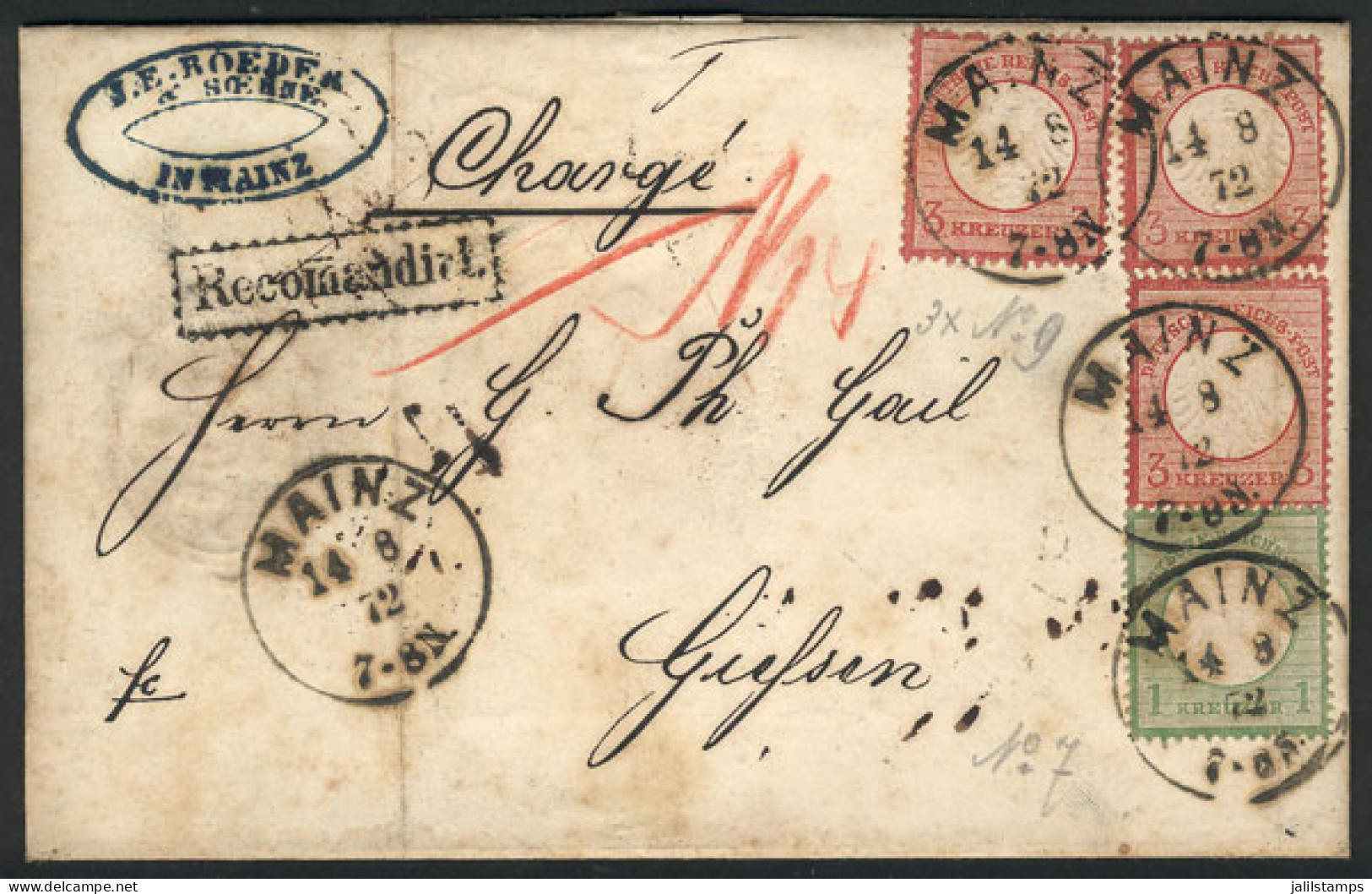 GERMANY: Entire Letter Sent By Registered Mail From Mainz To Giessen On 14/AU/1871, Franked With 10Kr., Fine Quality, Ve - Cartas & Documentos