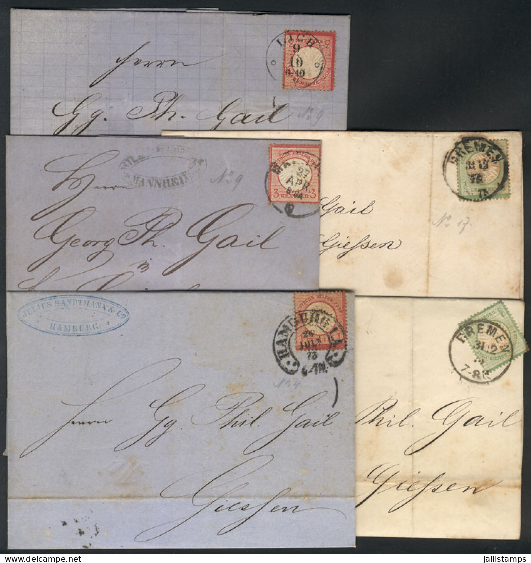 GERMANY: 5 Entire Letters Posted Between 1872 And 1874 Franked With 1/3Gr. (Scott 15), 1Gr. (Sc.4), Or 3Kr.(Sc.9 ), Very - Cartas & Documentos