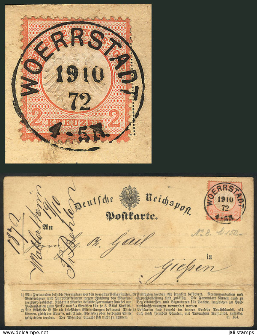 GERMANY: Card Sent From Woerrstadt To Giessen On 19/OC/1872, Franked With 2Kr. Orange (Sc.8), Minor Defects (crease And  - Covers & Documents