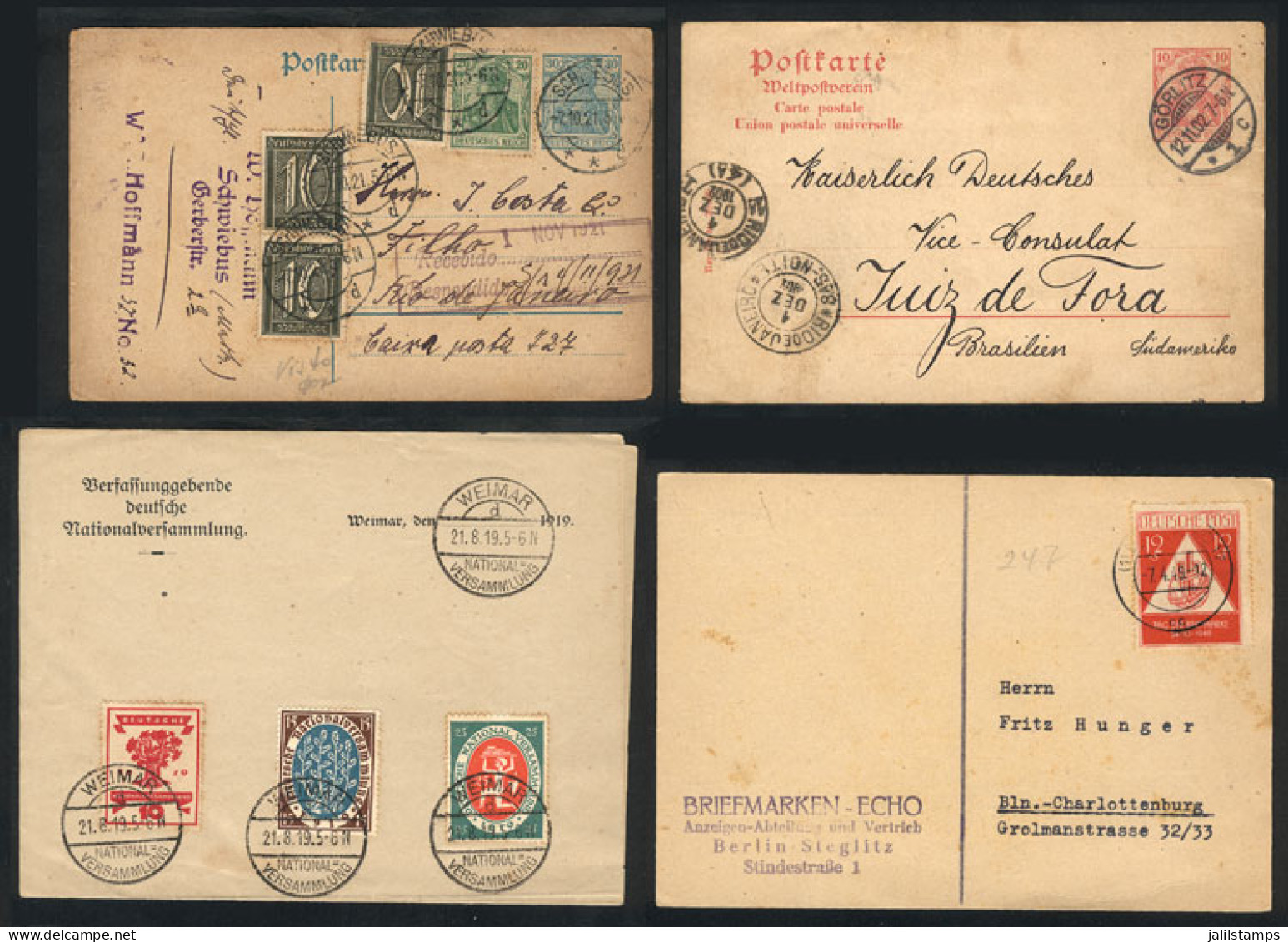 GERMANY: 2 Postal Cards Sent To Brazil + Card With Good Postage + Sheet With Commemorative Set Of The Weimar Exposition  - Cartas & Documentos