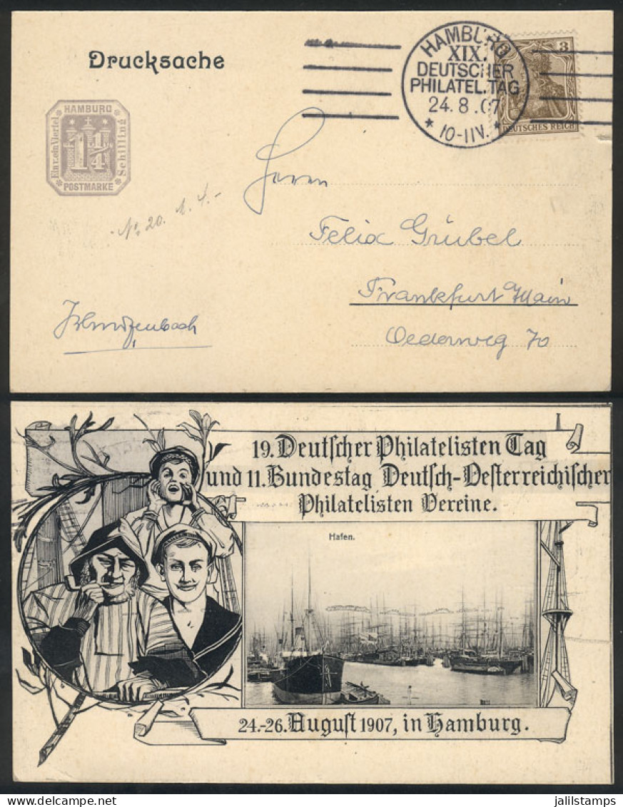 GERMANY: Beautiful PC Commemorating The Philatelist's Day, Posted In Hamburg On 24/AU/1907, With Special Postmark, VF! - Lettres & Documents
