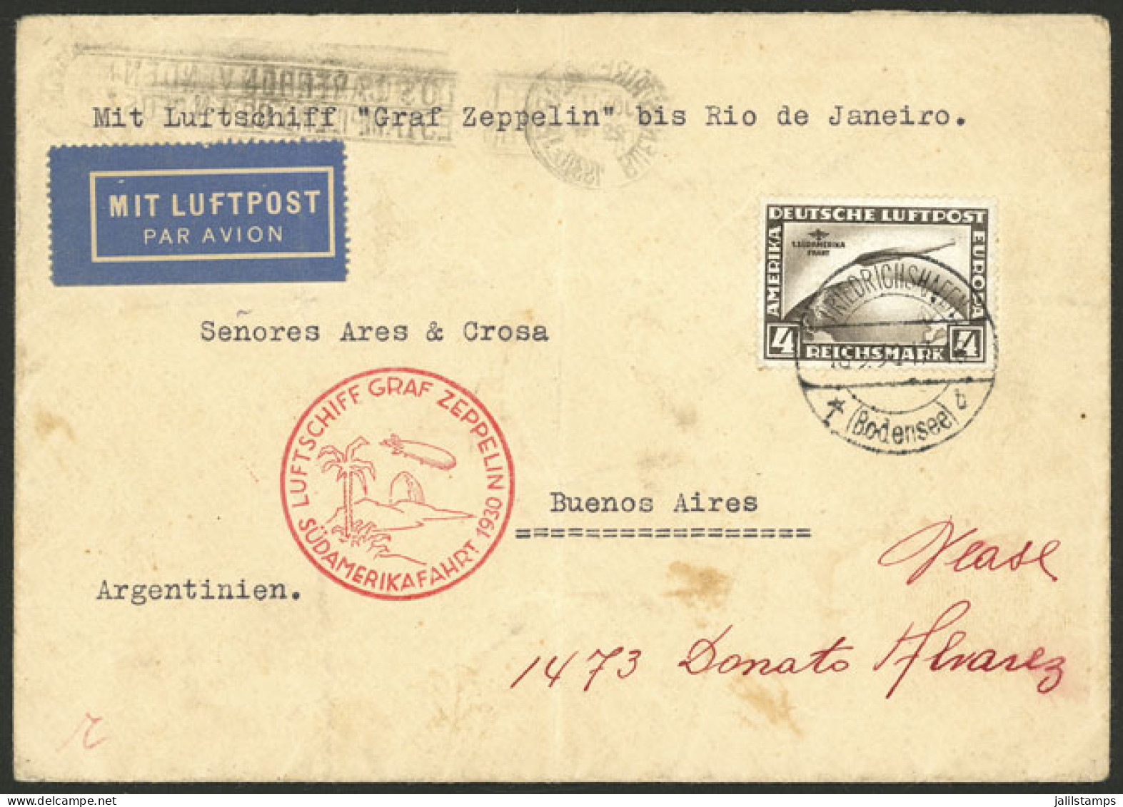 GERMANY: 18/MAY/1930 Friedrichshafen - Argentina, Cover Flown By Zeppelin To Rio De Janeiro, Franked With 4Mk. (Sc.C39), - Storia Postale