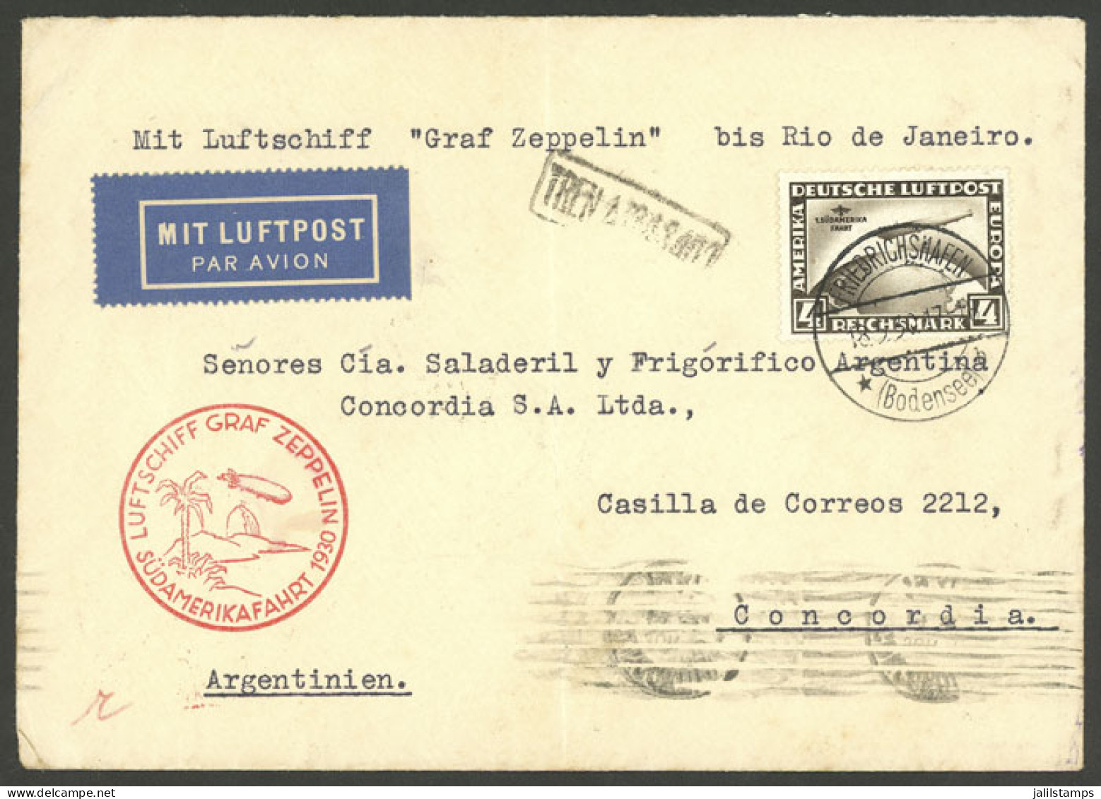 GERMANY: COMMERCIAL Cover Flown By ZEPPELIN, Sent From Friedrichshafen To Concordia (Argentina) On 18/MAY/1930, Franked  - Storia Postale