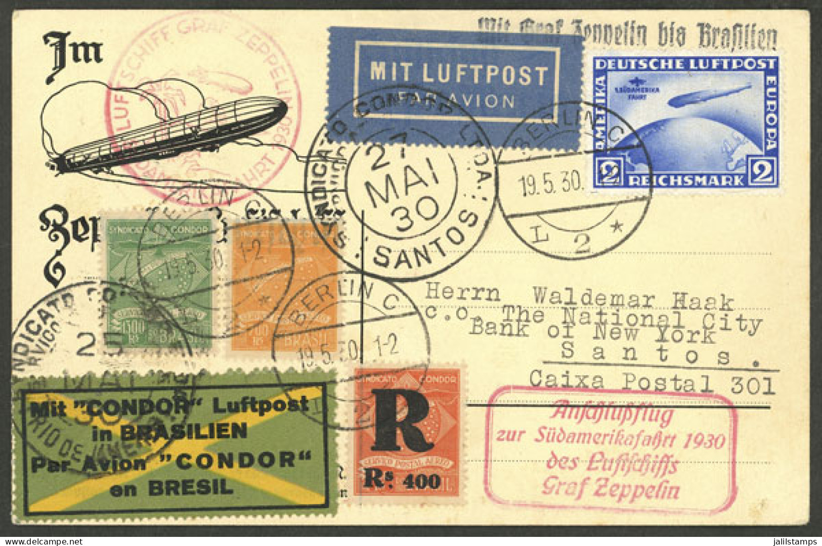 GERMANY: Brazil + Germany MIXED POSTAGE: Postcard Sent By Zeppelin From Berlin (19/MAY/1930) To Santos, Franked With 2Mk - Briefe U. Dokumente