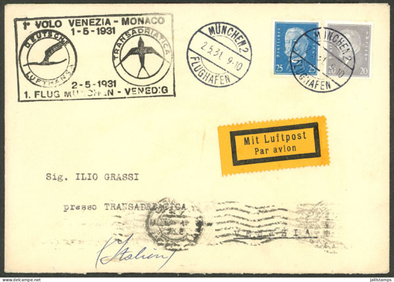 GERMANY: 2/MAY/1931 München - Venezia, Frist Flight Of Lufthansa, Arrival Backstamp, Very Fine Quality! - Cartas & Documentos