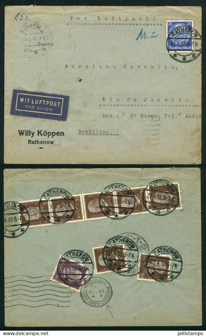 GERMANY: Airmail Cover Sent From Rathenow To Rio De Janeiro On 27/AP/1933 Franked With 4.15Mk., Interesting! - Covers & Documents