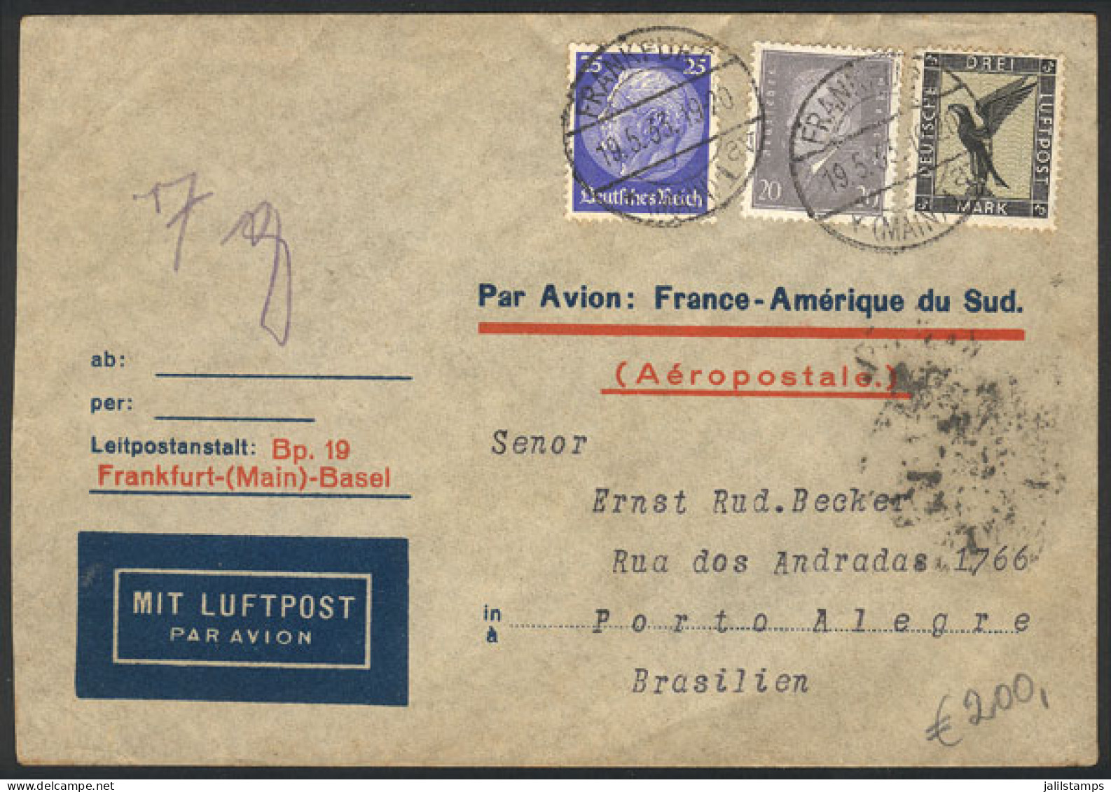 GERMANY: Airmail Cover Sent From Frankfurt To Brazil On 19/MAY/1933 Franked With 3.45Mk. By Air France, With Transit Bac - Briefe U. Dokumente