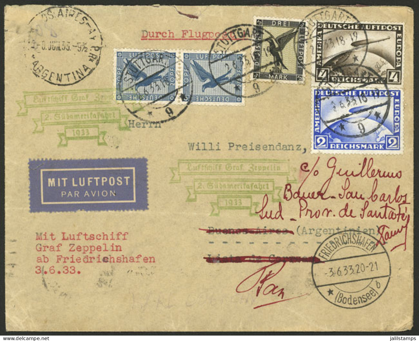 GERMANY: 2/JUN/1933 Stuttgart - Argentina, Cover Flown By Zeppelin, With Handsome Postage Of 9.40Mk., With Special Hands - Covers & Documents