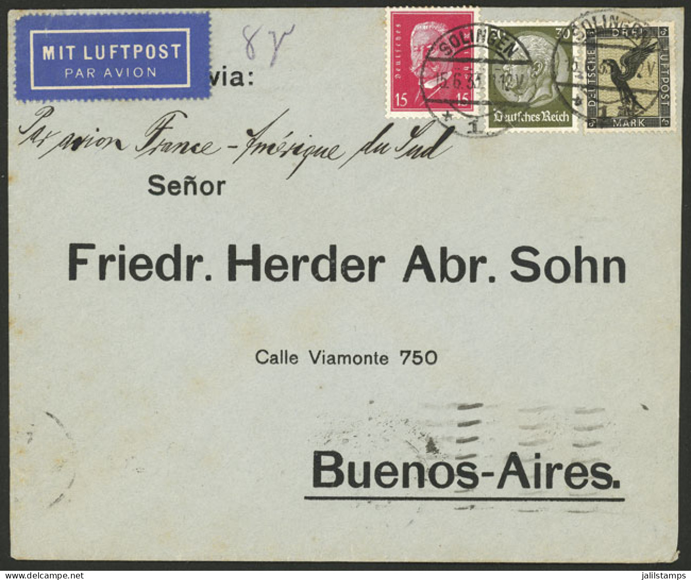 GERMANY: 15/JUN/1933 Solingen - Argentina, Airmail Cover, Sent By Air France Franked With 3.45Mk., On Back Transit Mark  - Briefe U. Dokumente