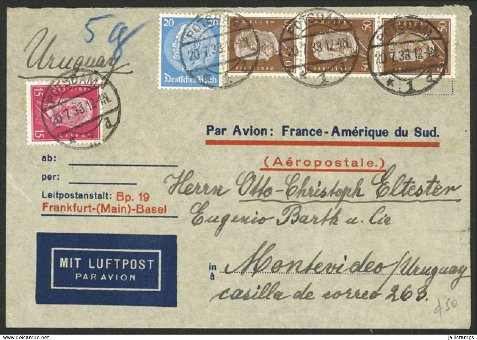 GERMANY: 20/JUL/1933 Postdam - Uruguay, Airmail Cover Sent By Air France Con Franqueo De 1,85Mk., Al Dorso Tiene Tránsit - Briefe U. Dokumente