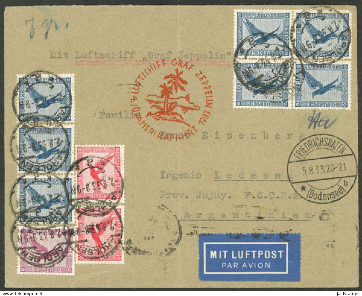 GERMANY: 2/AU/1922 Arolsen - Jujuy (Argentina), Airmail Cover Flown By Zeppelin On Its 4th Flight To South America, Tran - Covers & Documents