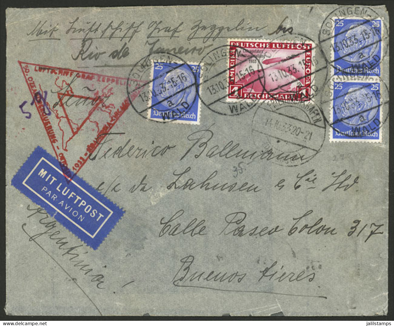 GERMANY: 13/OC/1933 Solingen - Friedrichshafen - Rio De Janeiro - Argentina, Cover Flown By Zeppelin, With Nice Postage  - Lettres & Documents