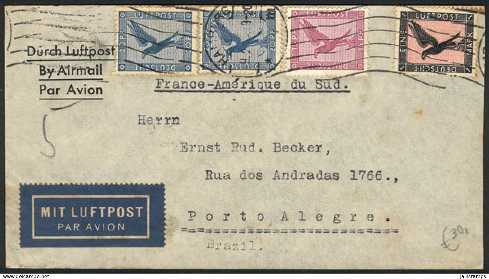 GERMANY: Airmail Cover Sent From Hamburg To Porto Alegre (Brazil) By AIR FRANCE On 9/FE/1934, With Transit Backstamp Of  - Briefe U. Dokumente