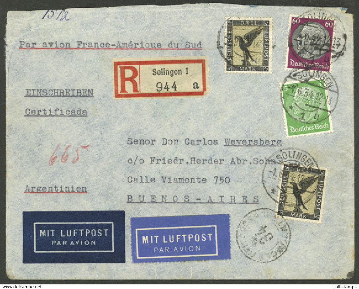 GERMANY: 1/JUN/1934 Solingen - Argentina, Registered Airmail Cover Sent Via Air France With Large Postage Of 6.65Mk., Bu - Storia Postale