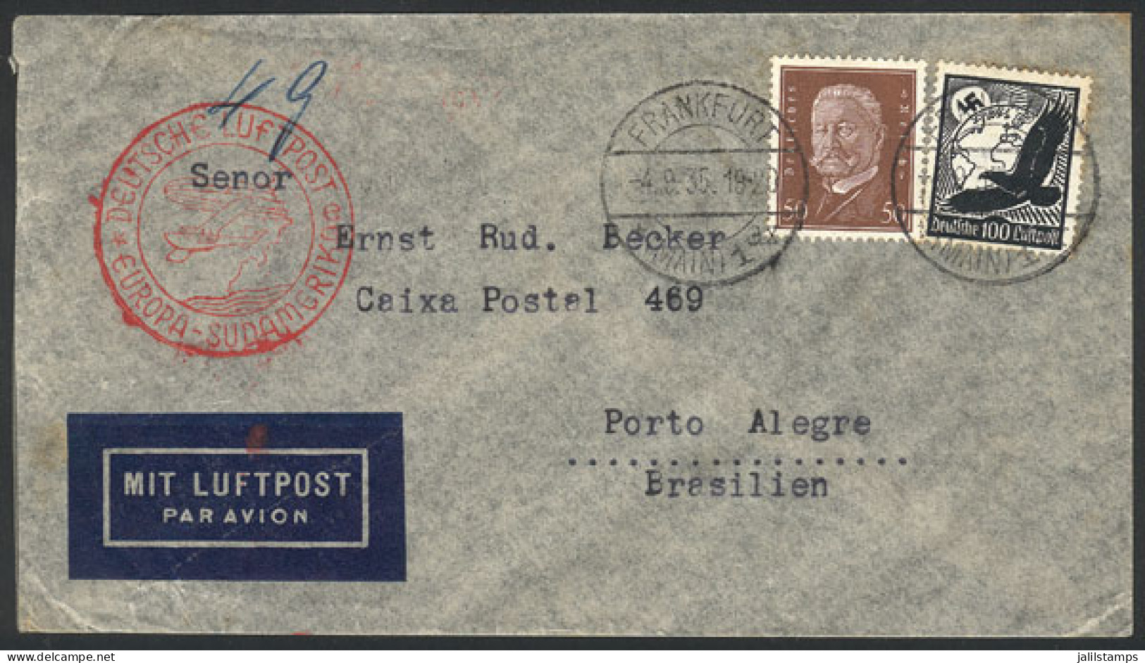 GERMANY: Airmail Cover Sent From Frankfurt To Brazil On 4/SE/1935 Franked With 1.50Mk., VF Quality! - Lettres & Documents