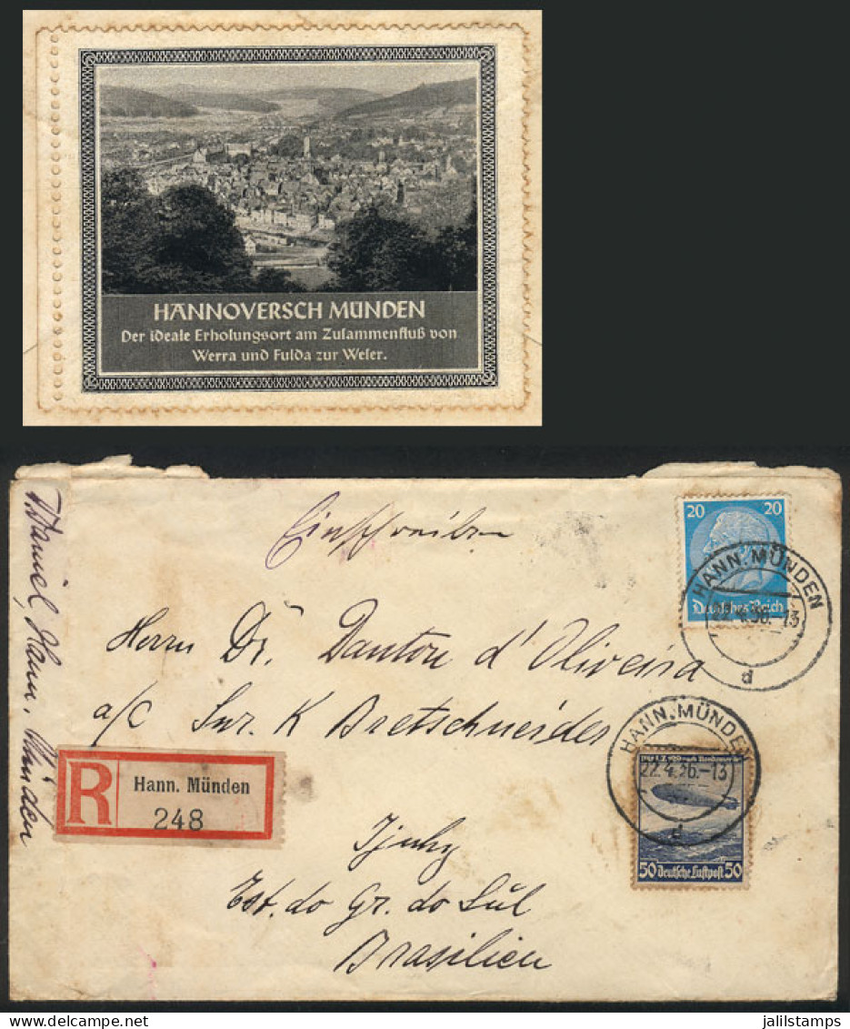 GERMANY: Registered Cover Sent From HÄNNOVERSCH MÜNDEN To Brazil On 22/AP/1936, Franked With 70Pf., Interesting Cinderel - Covers & Documents