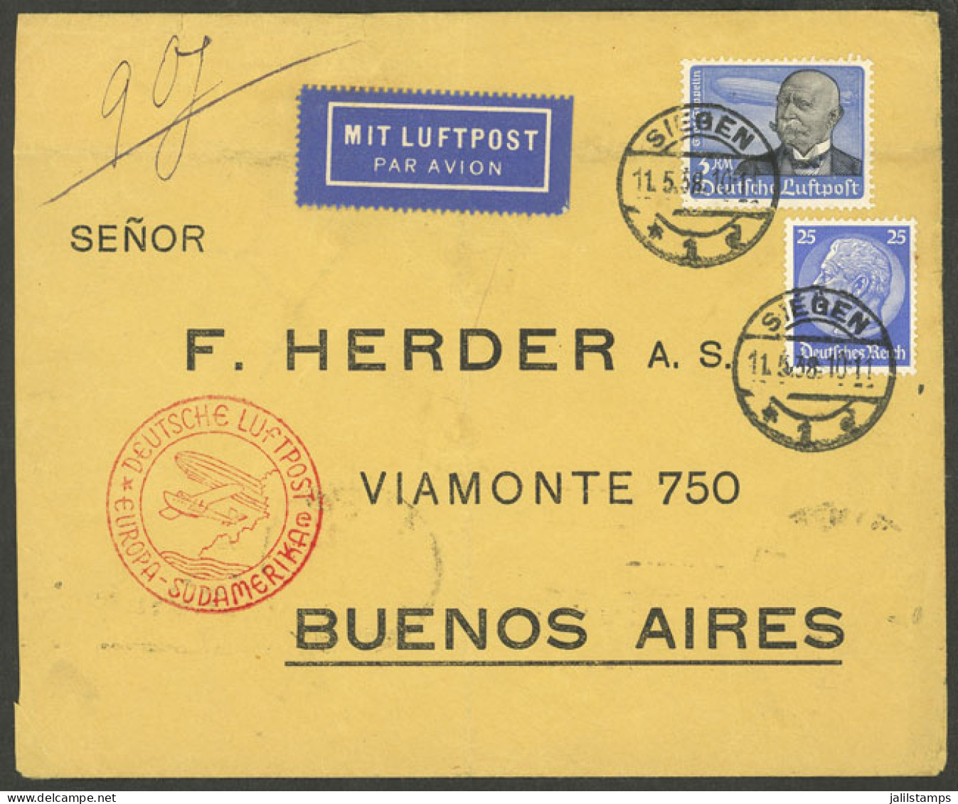 GERMANY: 11/MAY/1938 Siegen - Argentina, Airmail Cover Franked With 3.25Mk., Arrival Backstamp Of Buenos Aires 15/MAY, V - Cartas & Documentos