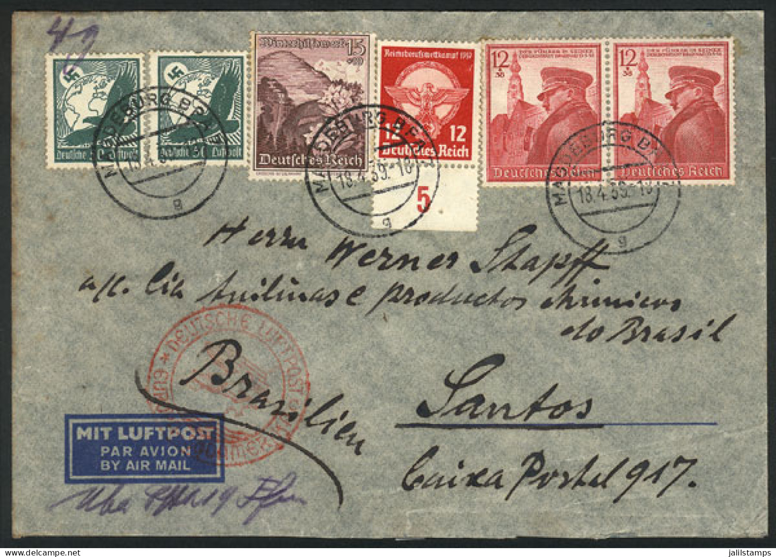 GERMANY: Airmail Cover Sent From Magdeburg To Brazil On 18/AP/1939, Nice Postage, VF Quality! - Cartas & Documentos