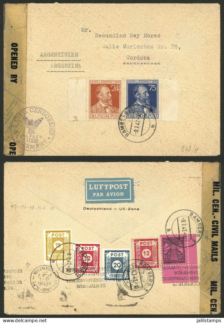 GERMANY: 8/JUL/1947 Bamberg - Córdoba (Argentina), Airmail Cover With Attractive Postage And Censored, With Transit Back - Otros & Sin Clasificación