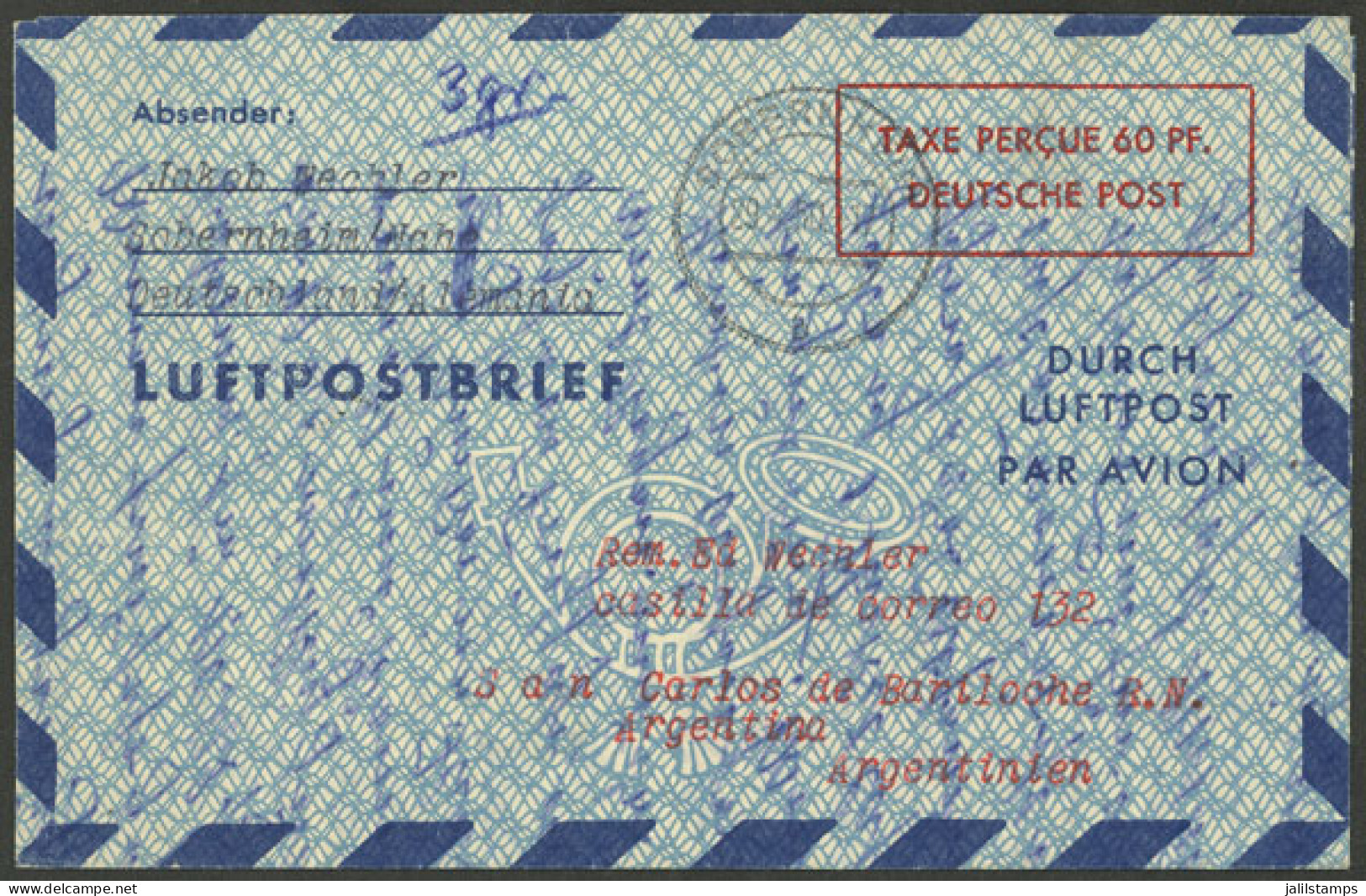 GERMANY: Aerogram Sent From Sobernheim To Bariloche (Argentina) On 24/AP/1950, Excellent Quality! - Sonstige & Ohne Zuordnung