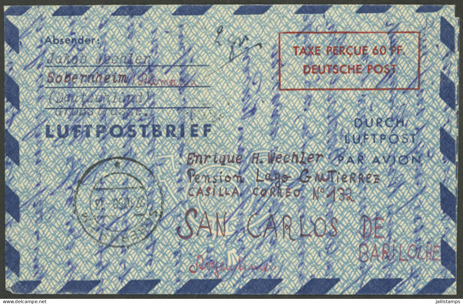 GERMANY: Aerogram Sent From Sobernheim To Bariloche (Argentina) On 27/OC/1950, Arrival Backstamp, Excellent Quality! - Other & Unclassified