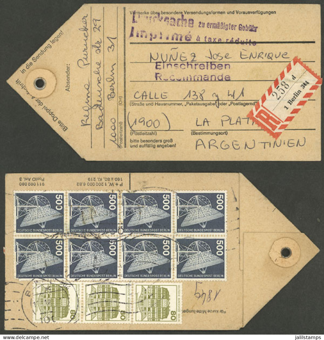 GERMANY - BERLIN: Tag Of A Parcel Post With Printed Matter Sent To Argentina With Large Postage Of 42.40Mk., Very Intere - Lettres & Documents