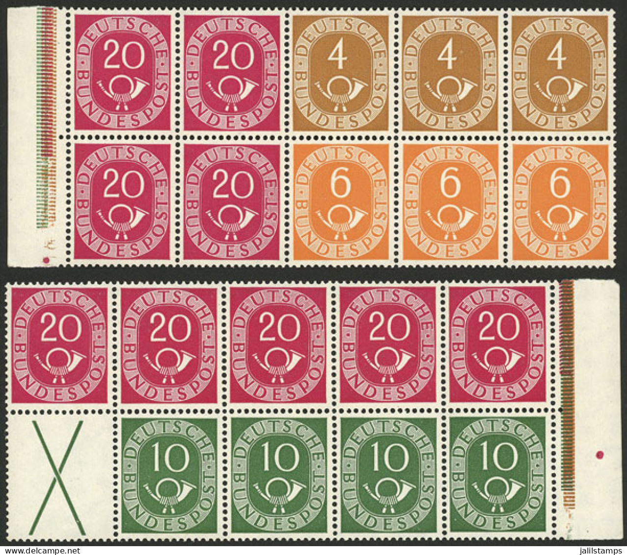 WEST GERMANY: Yvert 10 + Other Values, 1951/2 Post Horn, The 2 Panes Of The Booklet, Mint With Tiny Hinge Marks, Excelle - Neufs
