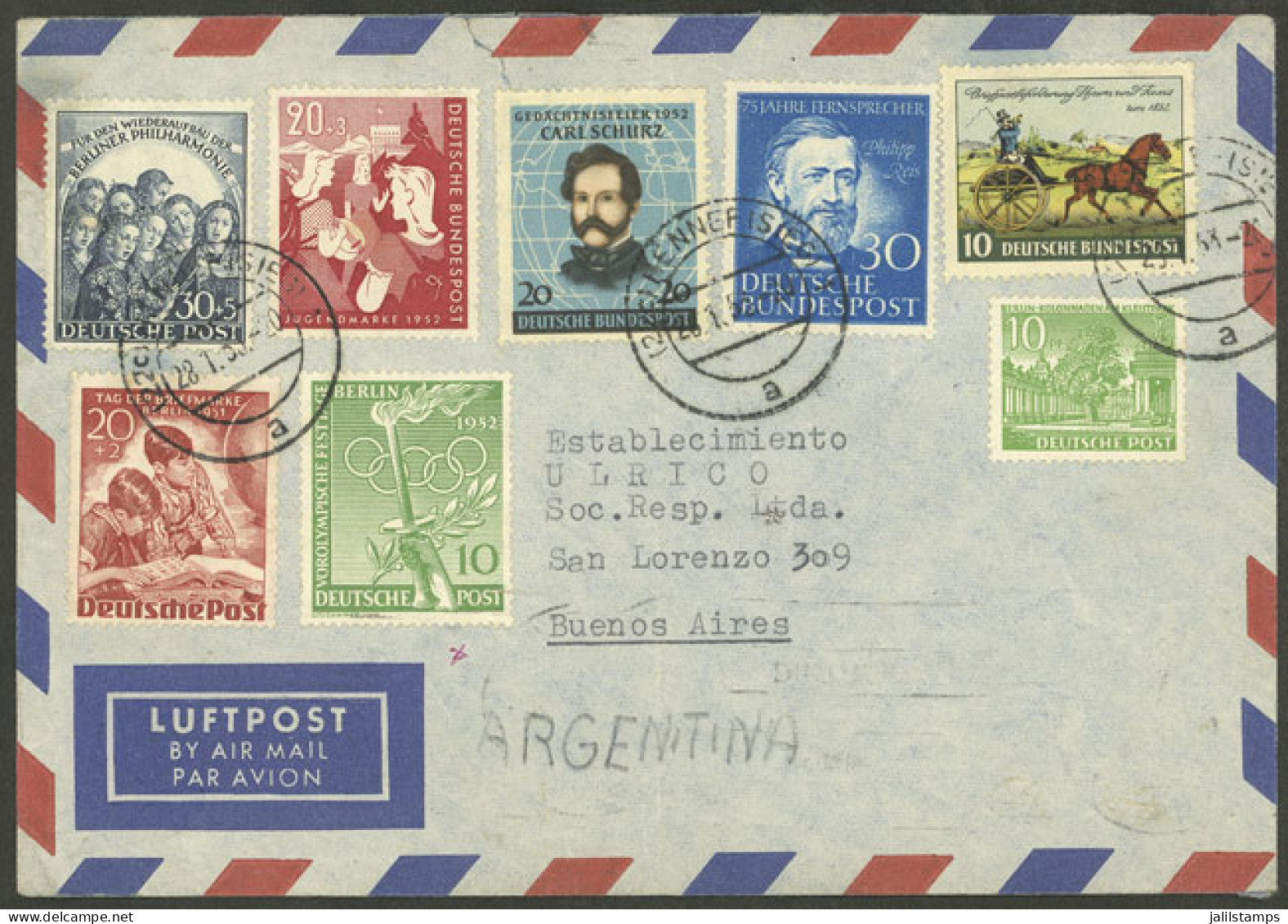 WEST GERMANY: 28/JA/1953 Hennef - Argentina, Airmail Cover With Very Nice Multicolor Postage, With Arrival Backstamp Of  - Briefe U. Dokumente