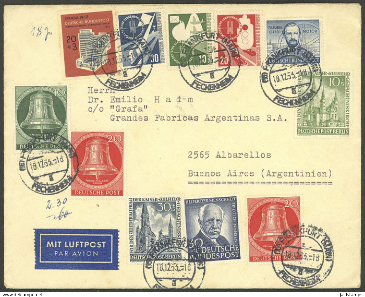 WEST GERMANY: 18/DE/1953 Frankfurt - Argentina, Airmail Cover With Spectacular Multcolor Postage, Very Fine Quality. The - Covers & Documents