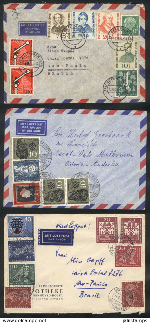 WEST GERMANY: 3 Covers Sent To Brazil And Australia Between 1955 And 1960, With Nice Multicolor Postages, VF General Qua - Storia Postale