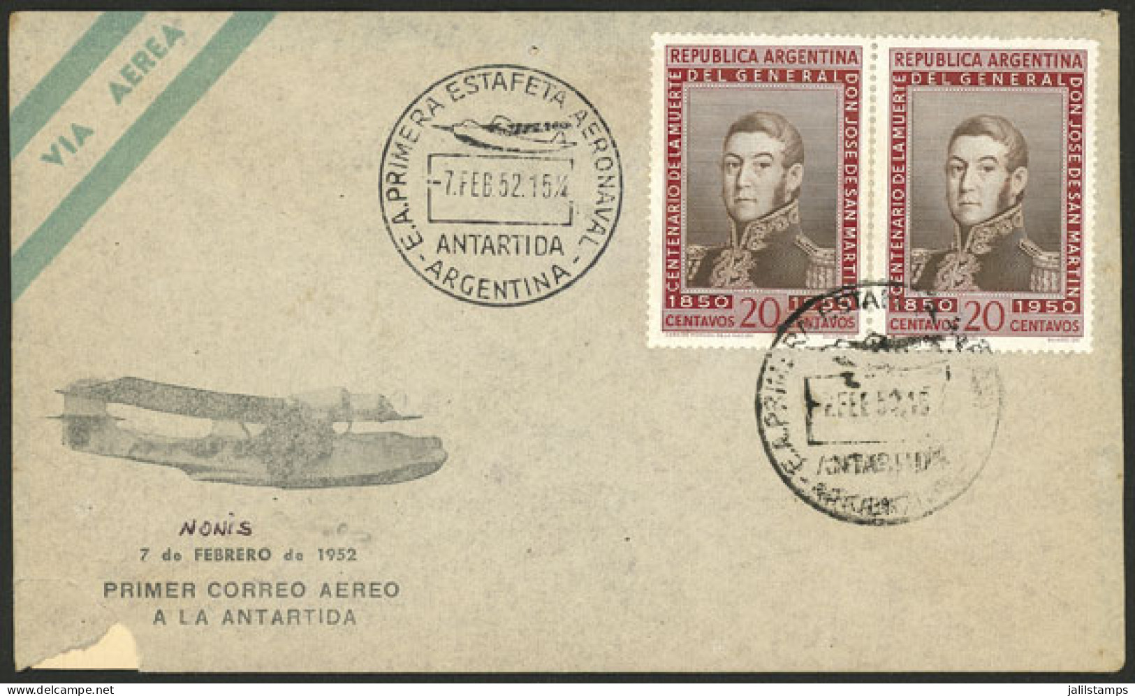 ARGENTINE ANTARCTICA: FIRST AIRMAIL TO ANTARCTICA 7/FE/1952: Cover Franked With 40c. And Cancelled "E.A. PRIMERA ESTAFET - Other & Unclassified