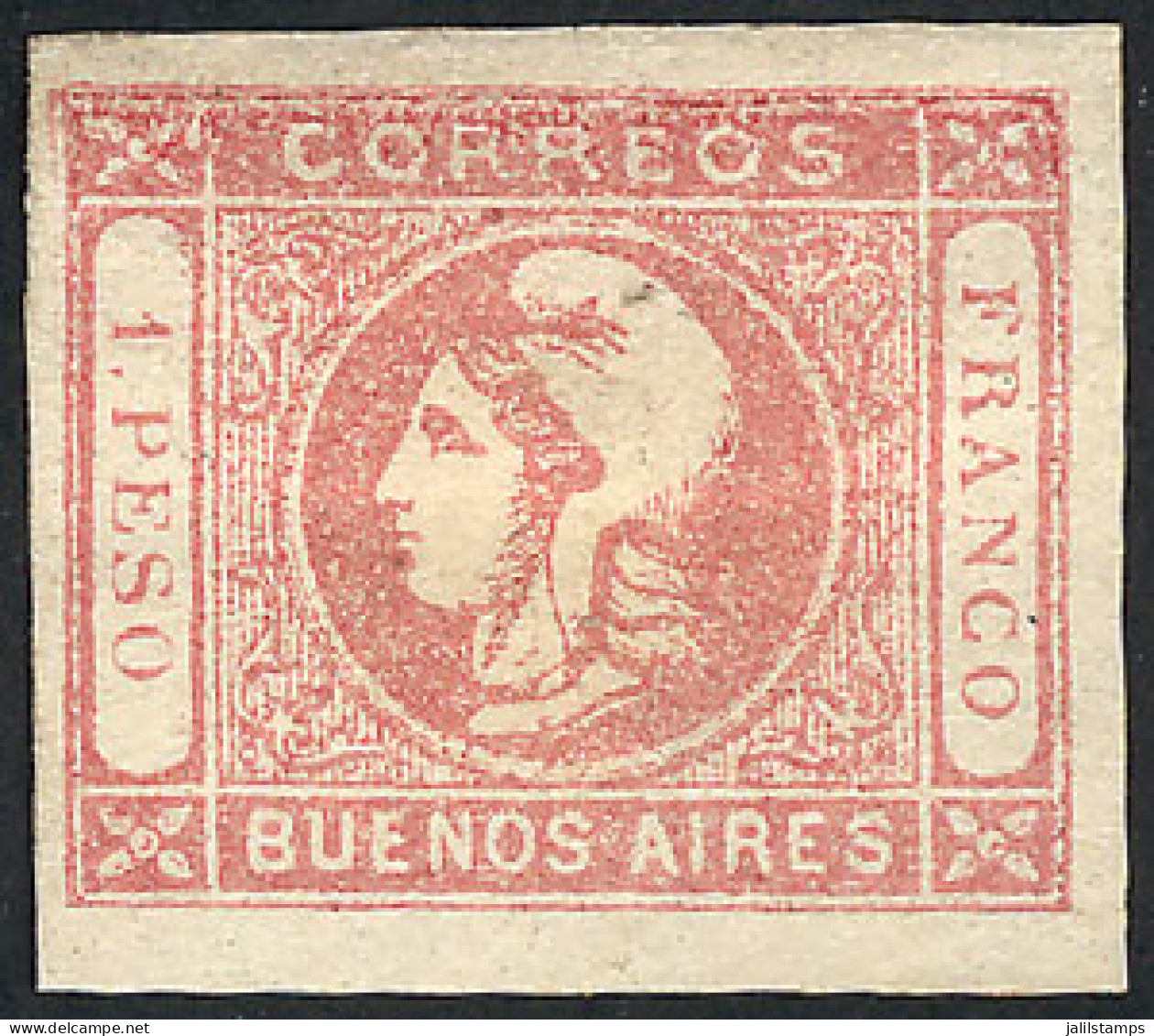 ARGENTINA: GJ.21, 1P. Rose, Semi-clear Impression, Mint, Very Wide Margins, With Variety "top Frame Line Crushed", Tiny  - Buenos Aires (1858-1864)