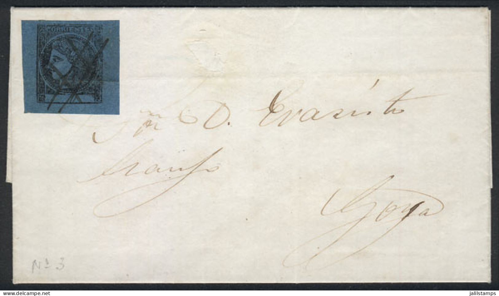 ARGENTINA: GJ.3, 3c. Blue, On COMPLETE FOLDED LETTER Sent To Goya From YAGUARETÉ CORÁ On 29/SE/1863, VF And Interesting! - Corrientes (1856-1880)