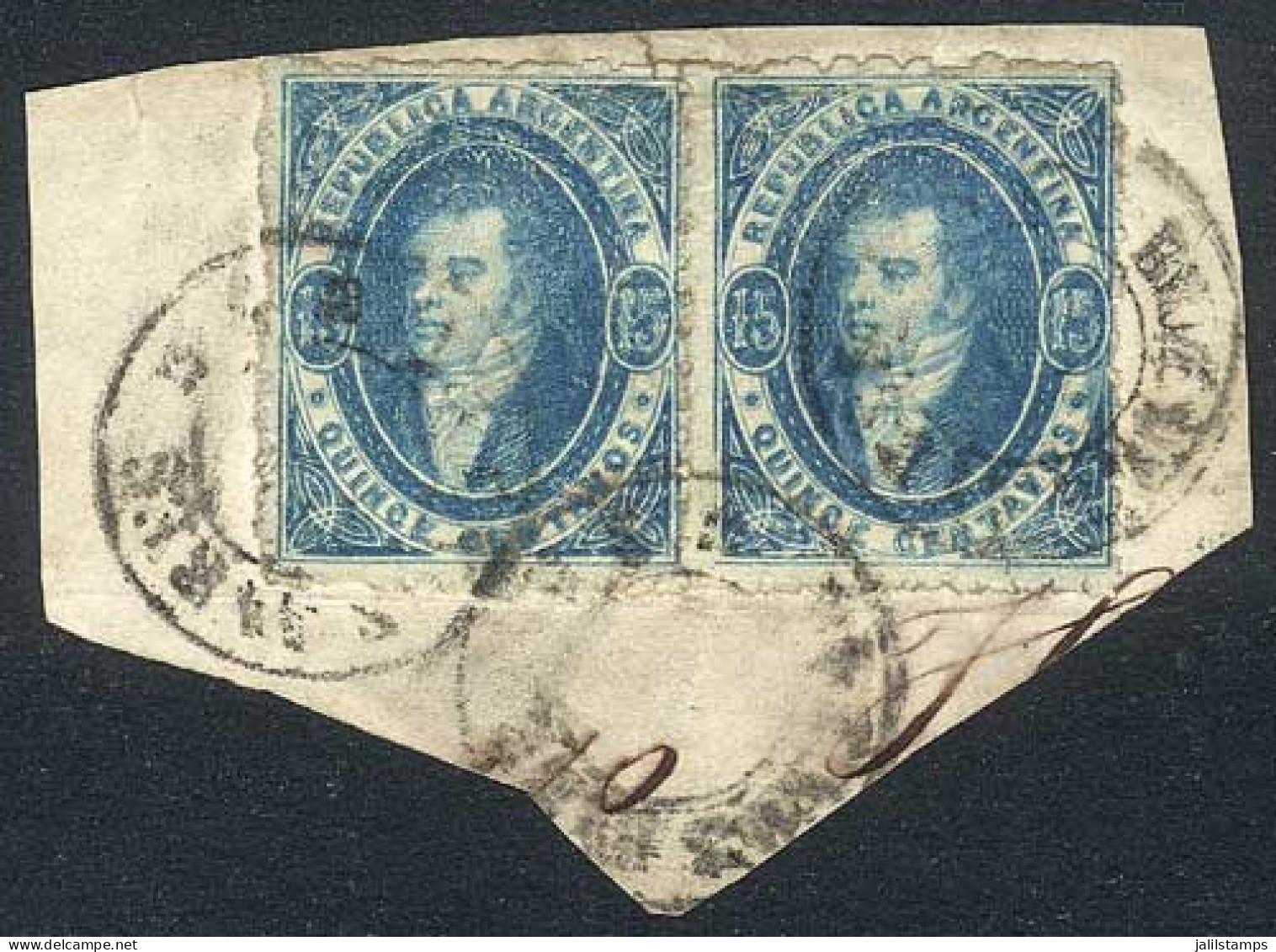 ARGENTINA: GJ.24, Pair Tied On Fragment By Triple Cancellation Of "Buenos Aires - S" Double Circle WITH ERROR: NO DATE,  - Used Stamps