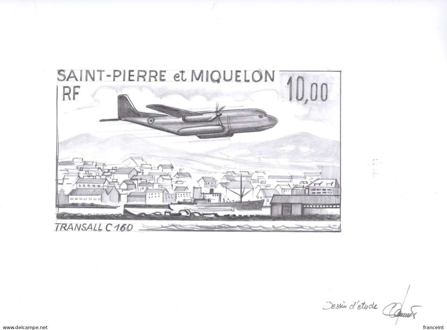 ST. PIERRE & MIQUELON(1973) Transall C-160 Flying Over SPM. Original Artwork Signed By The Engraver JUMELET. Pencil On T - Sin Dentar, Pruebas De Impresión Y Variedades