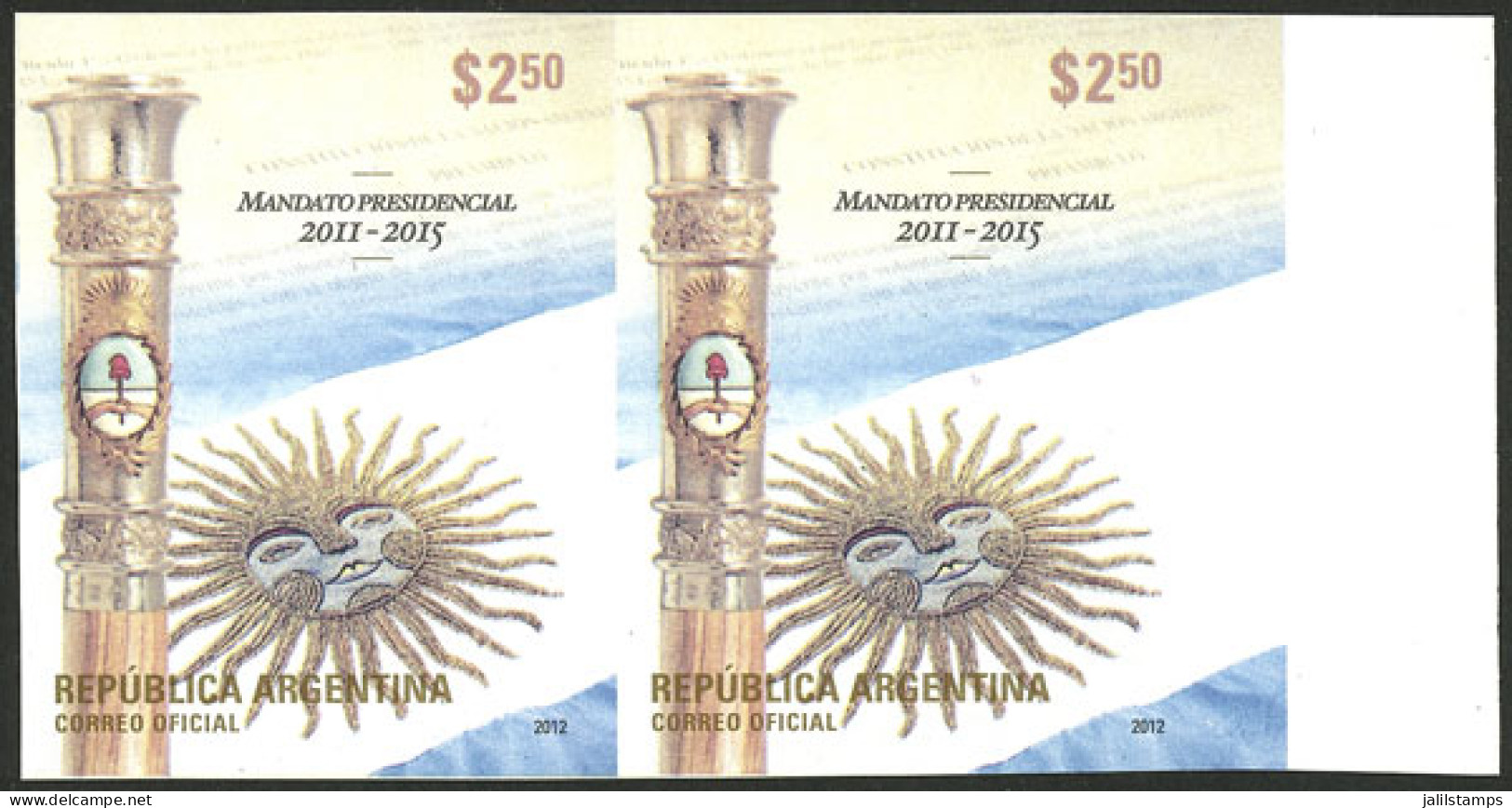 ARGENTINA: GJ.3930P, 2012 Presidential Mandate 2011/5 (flag And Baton), IMPERFORATE PAIR, VF Quality! - Sonstige & Ohne Zuordnung