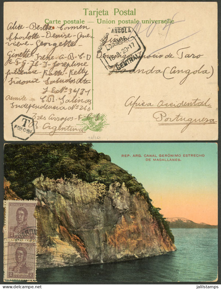 ARGENTINA: Railway PO Cancel With Rare Destination: Postcard Sent From Tres Arroyos To ANGOLA On 28/JUN/1920 Franked Wit - Covers & Documents