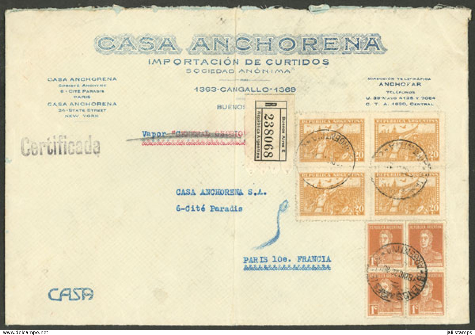 ARGENTINA: 18/DE/1930 Buenos Aires - France, Registered Cover Franked With 84c. (blocks Of 4 Of 1c. San Martín W/o Perio - Briefe U. Dokumente